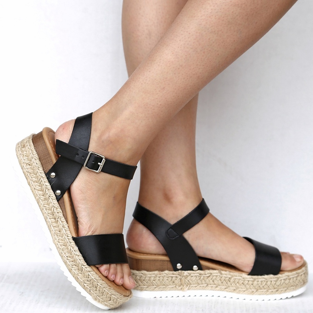 New Black Open Toe Espadrille Flatform Sandals - Picture 3 of 3